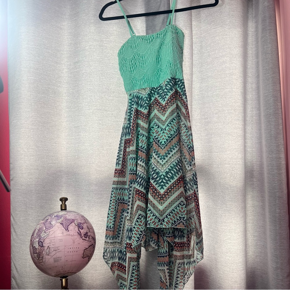 Mint Green and Patterned High-Low Dress